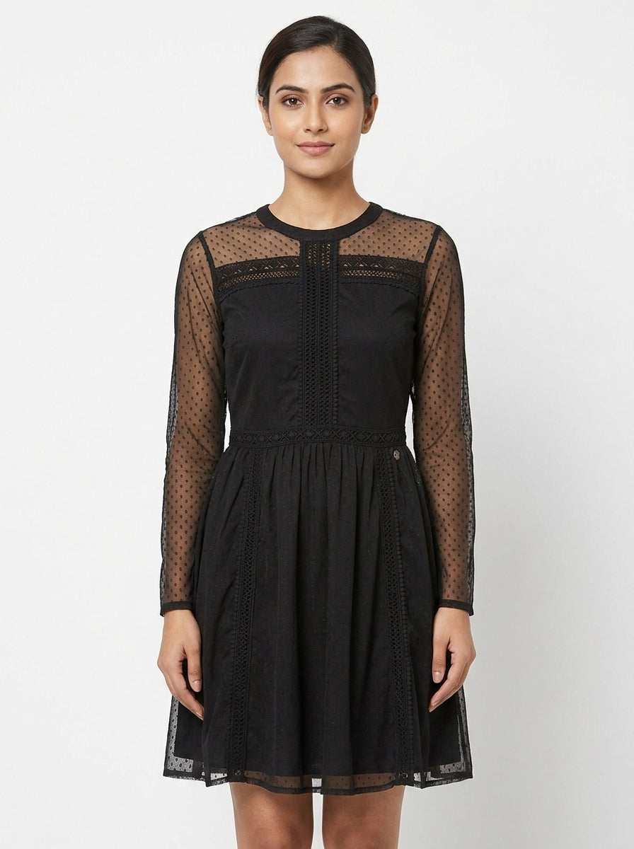 Black Sheer Sleeve Printed Flared Dress