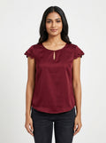 Wine Red Solid Keyhole Neck Scalloped Sleeve Top