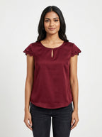 Wine Red Solid Keyhole Neck Scalloped Sleeve Top