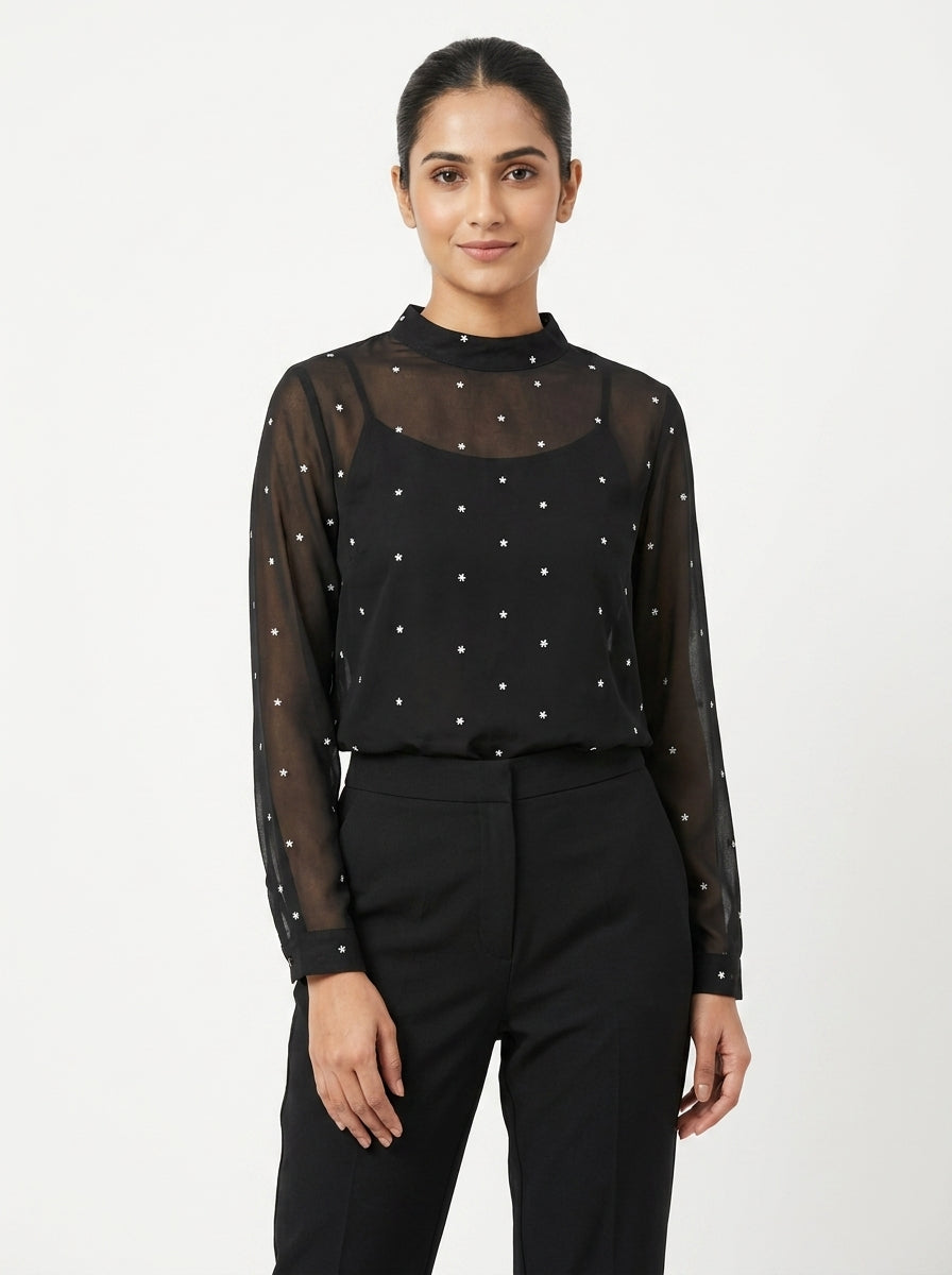Women's Black Sheer Star Print Long Sleeve Top