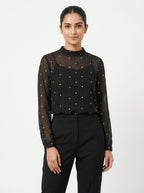 Women's Black Sheer Star Print Long Sleeve Top