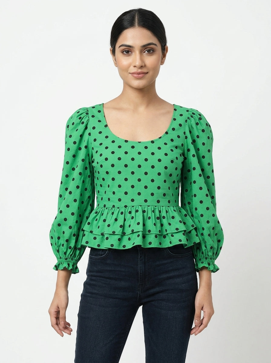 Green Polka Dot Puff Sleeve Top