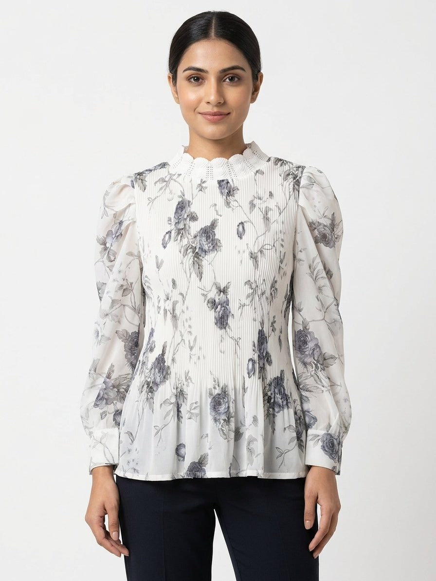Off White Floral Printed Pleated Top with Bishop Sleeves