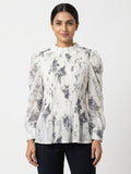 Off White Floral Printed Pleated Top with Bishop Sleeves