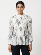 Off White Floral Printed Pleated Top with Bishop Sleeves