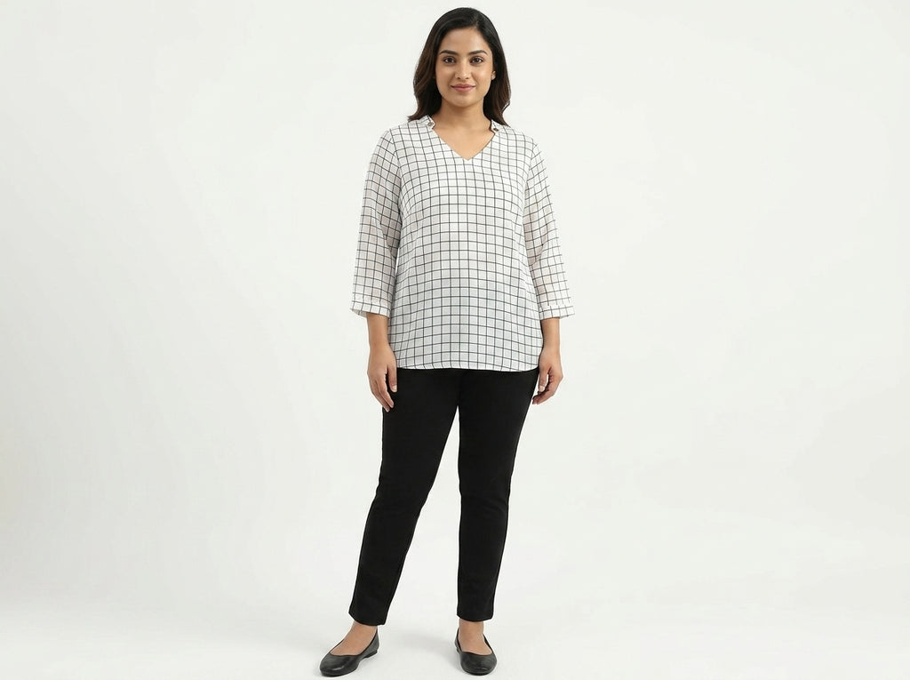 Women's White & Black Checkered Regular Fit Top