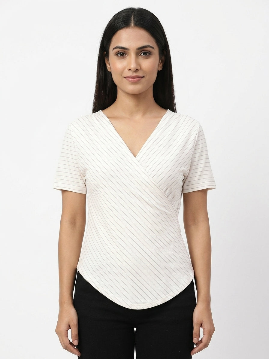 Women's Off White Striped Wrap V-Neck Top