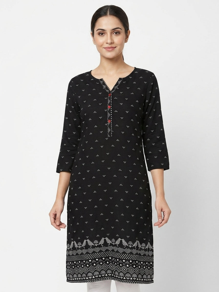 Black Printed Kurti with Ethnic Border Design