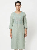 Sea Green Embellished Striped Straight Kurti
