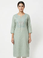 Sea Green Embellished Striped Straight Kurti