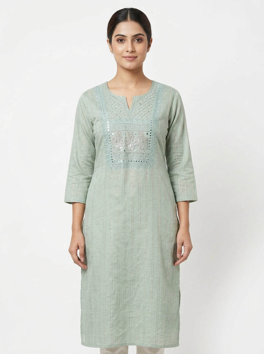 Sea Green Embellished Striped Straight Kurti