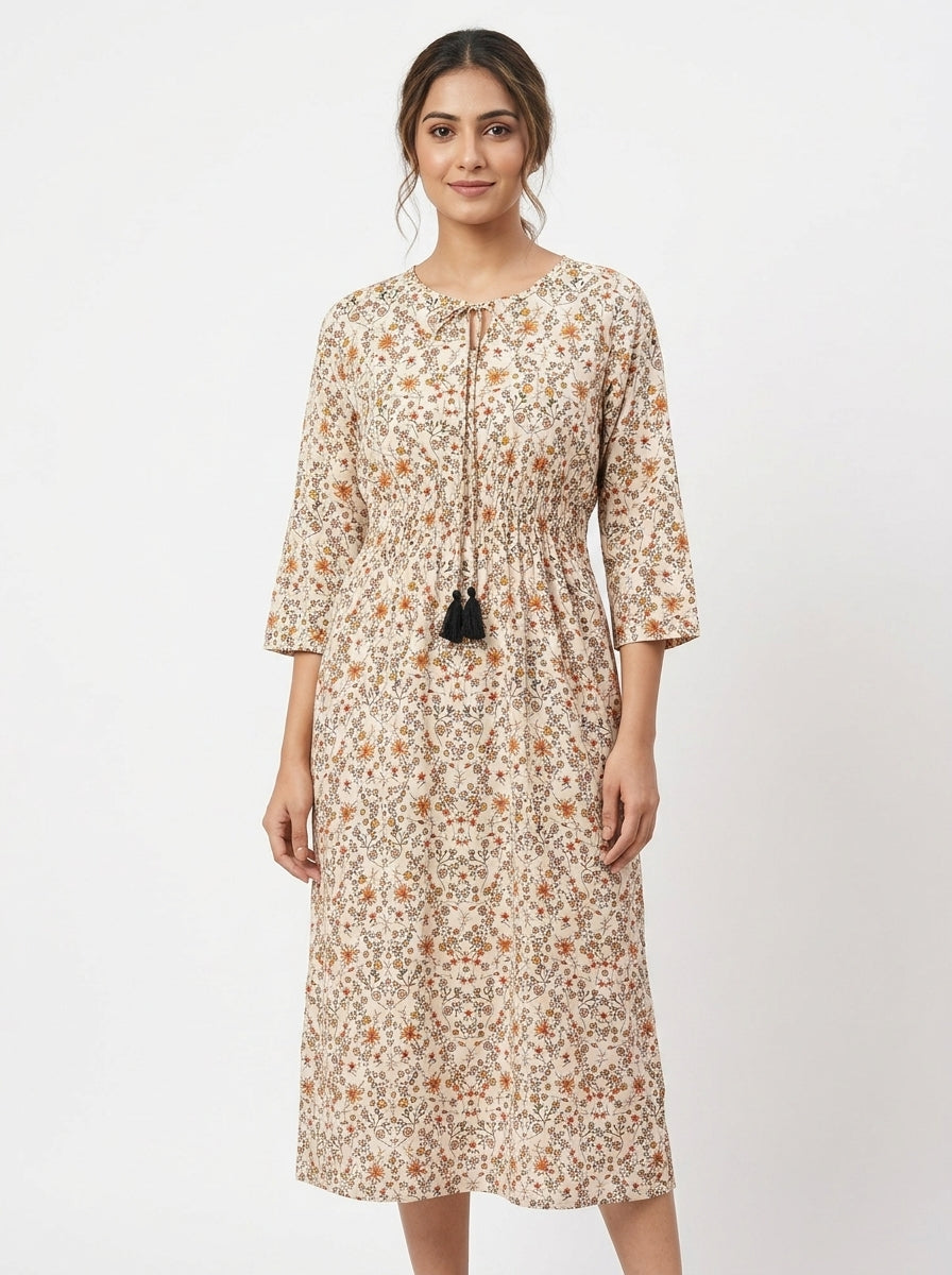 Off White Floral Printed Relaxed Fit Dress
