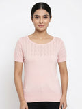 Women's Pink Self-Design Knit Short Sleeve Top