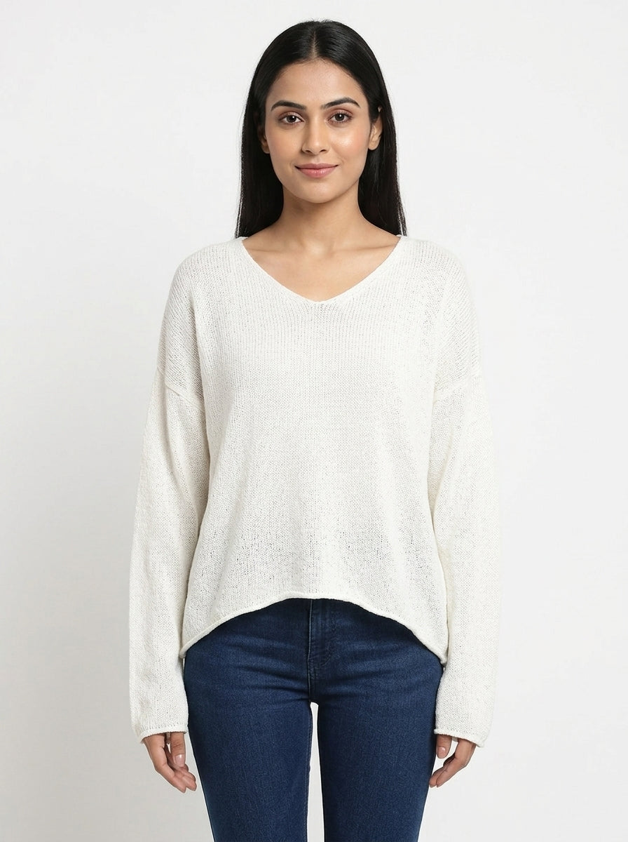 Off White Solid Relaxed Fit Knitted Sweater