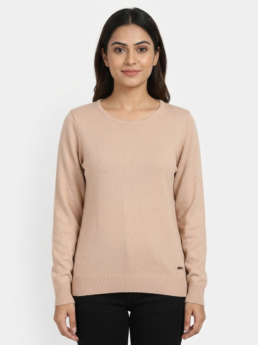 Women's Beige Solid Round Neck Sweater