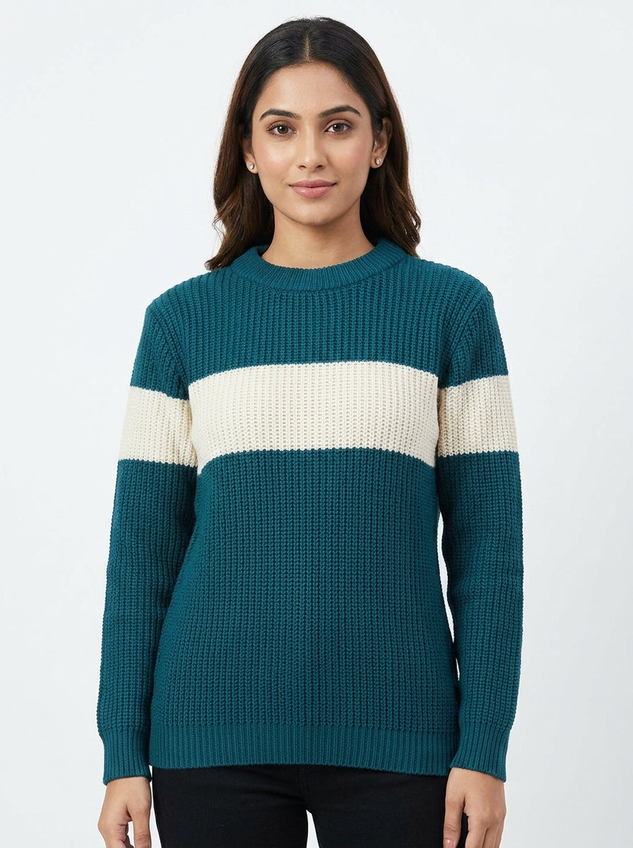 Teal and Off-White Colourblock Knit Sweater