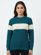 Teal and Off-White Colourblock Knit Sweater
