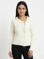 Cream Ribbed Full-Zip Knit Sweater with Collar
