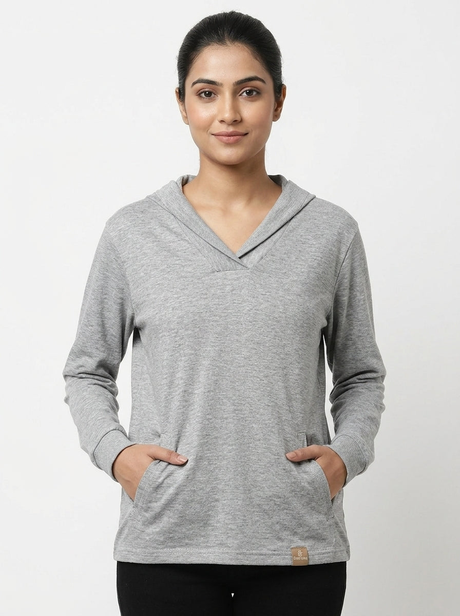 Grey Solid Hooded Sweatshirt with Kangaroo Pocket