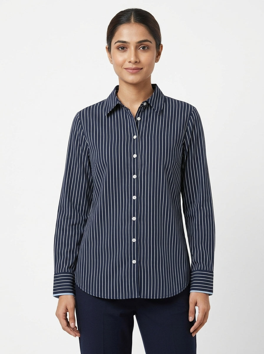Navy Striped Regular Fit Casual Shirt