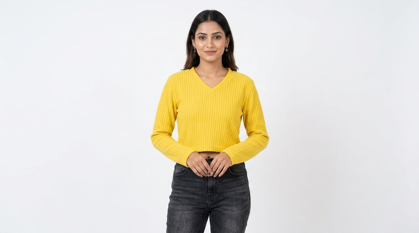 Yellow V-Neck Ribbed Long Sleeve Sweater