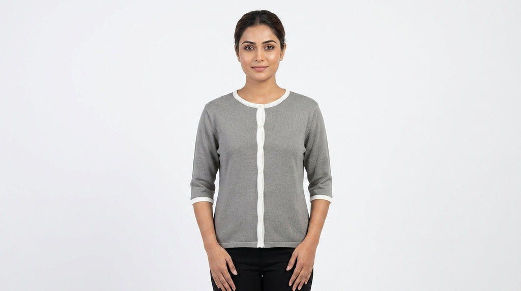 Women's Grey Solid Knit Button-Up Sweater with White Trim