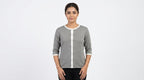Women's Grey Solid Knit Button-Up Sweater with White Trim