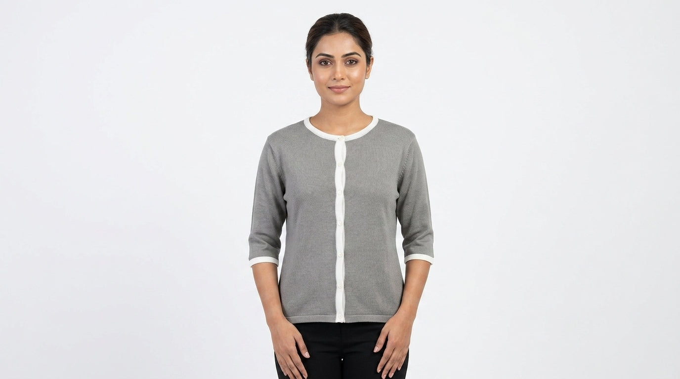 Women's Grey Solid Knit Button-Up Sweater with White Trim