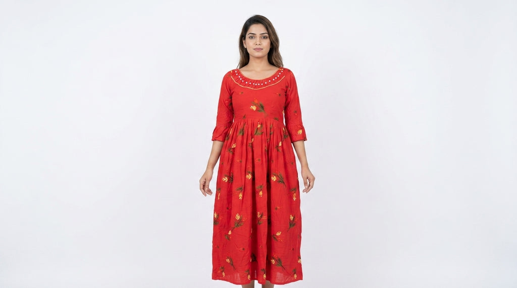 Red Floral Embroidered Flared Cotton Dress