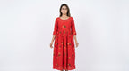 Red Floral Embroidered Flared Cotton Dress