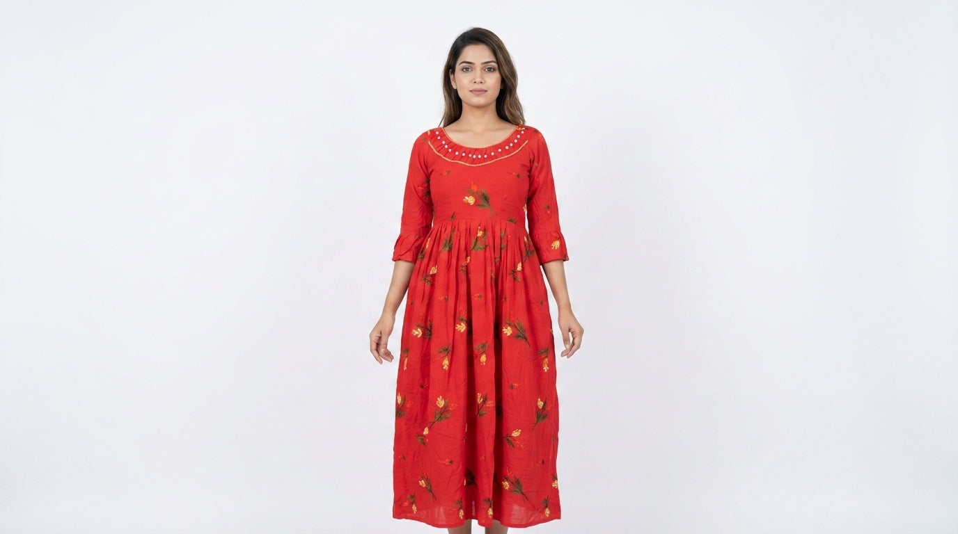Red Floral Embroidered Flared Cotton Dress