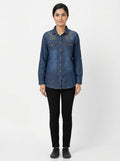 Women's Dark Blue Embellished Denim Casual Shirt