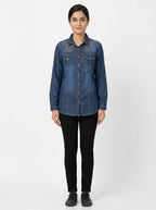 Women's Dark Blue Embellished Denim Casual Shirt