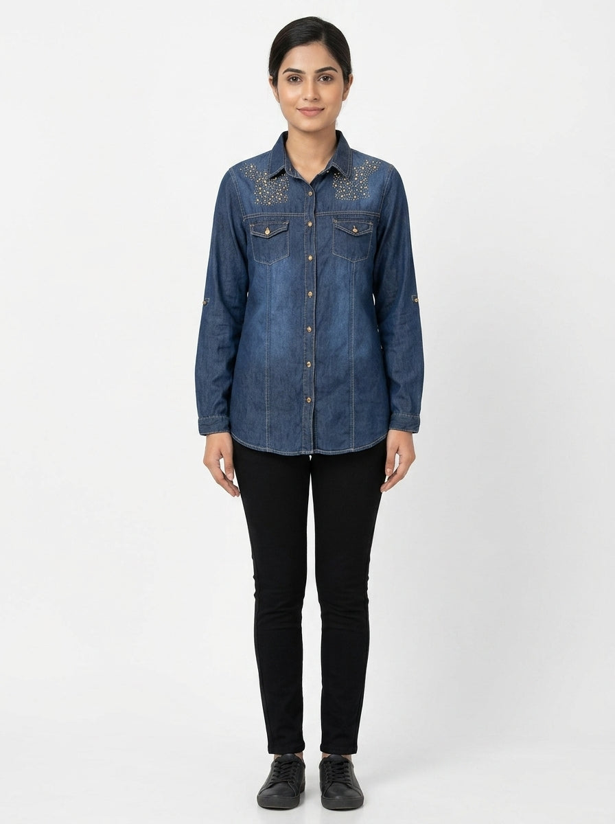 Women's Dark Blue Embellished Denim Casual Shirt