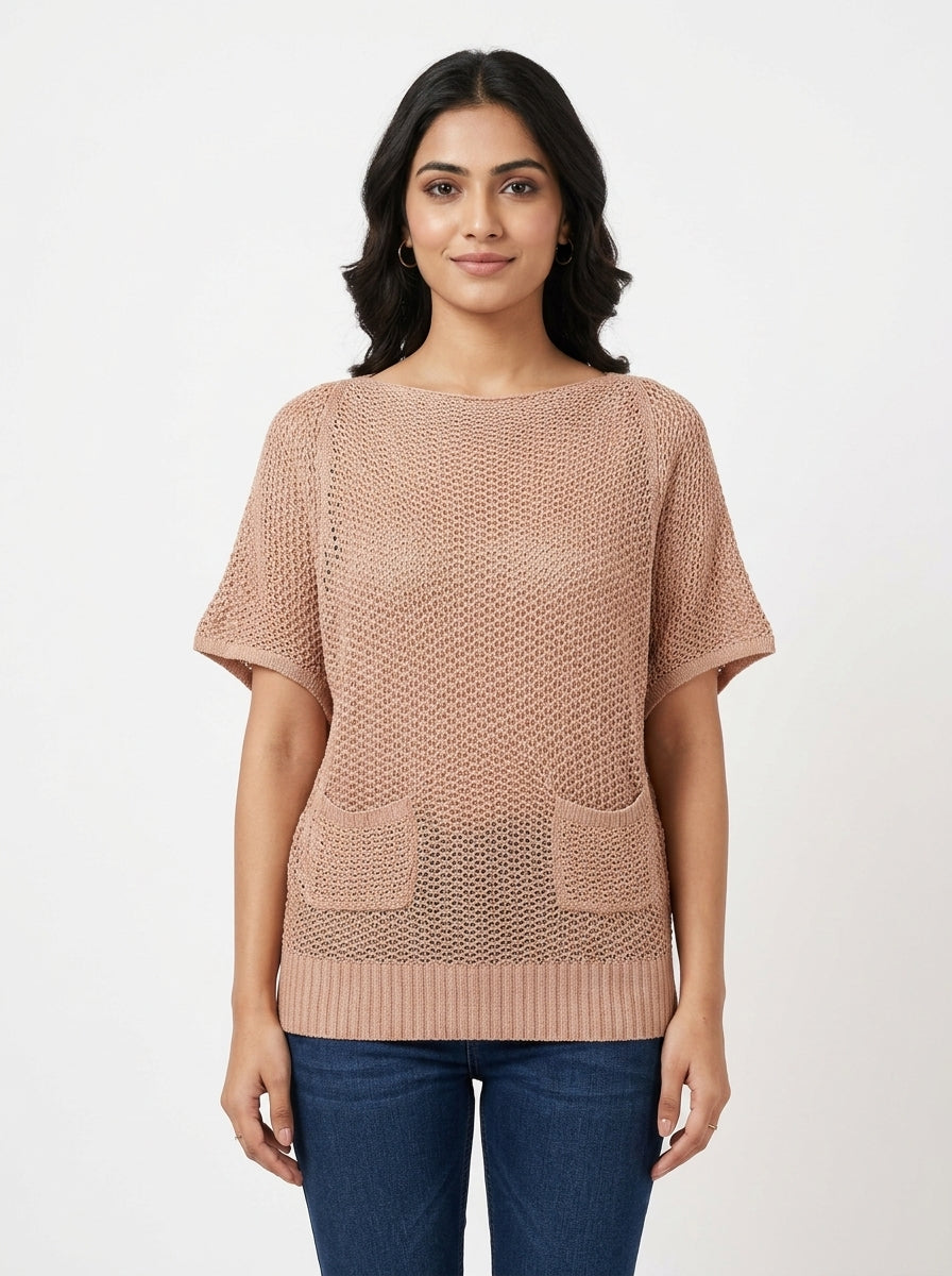 Women's Tan Knitted Relaxed Fit Sweater with Pockets