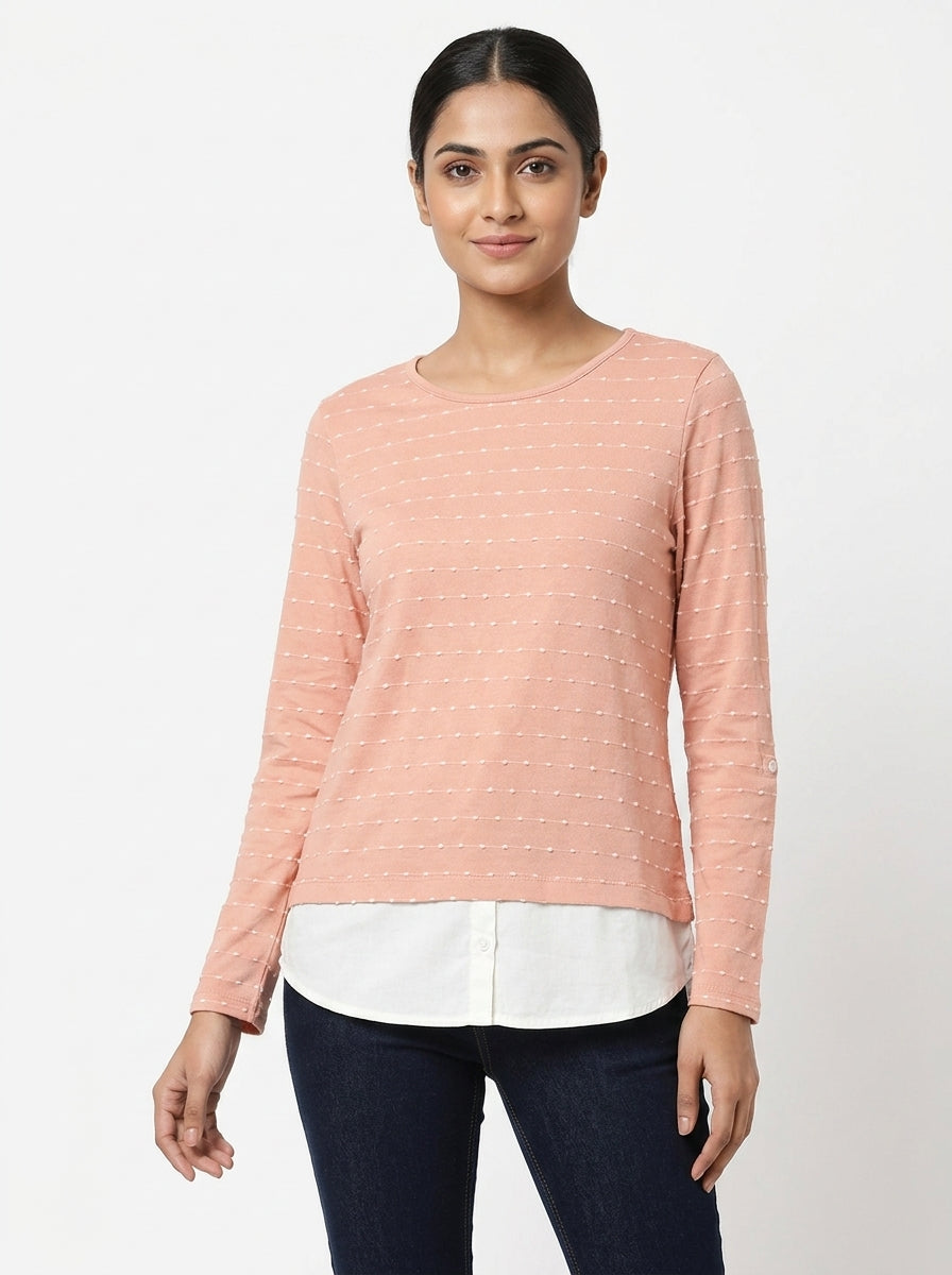 Women's Peach Textured Long Sleeve Layered Top
