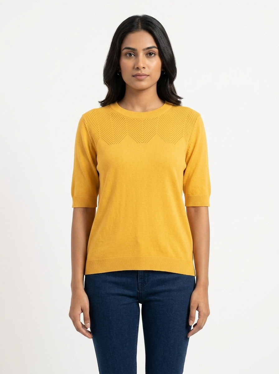 Yellow Self Design Knit Top