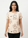 Beige Printed T-Shirt with Bear Design
