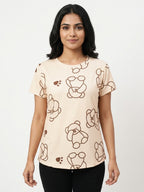 Beige Printed T-Shirt with Bear Design