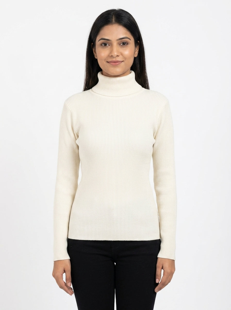 Women's Off White Ribbed High Neck Sweater