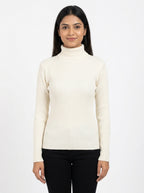 Women's Off White Ribbed High Neck Sweater