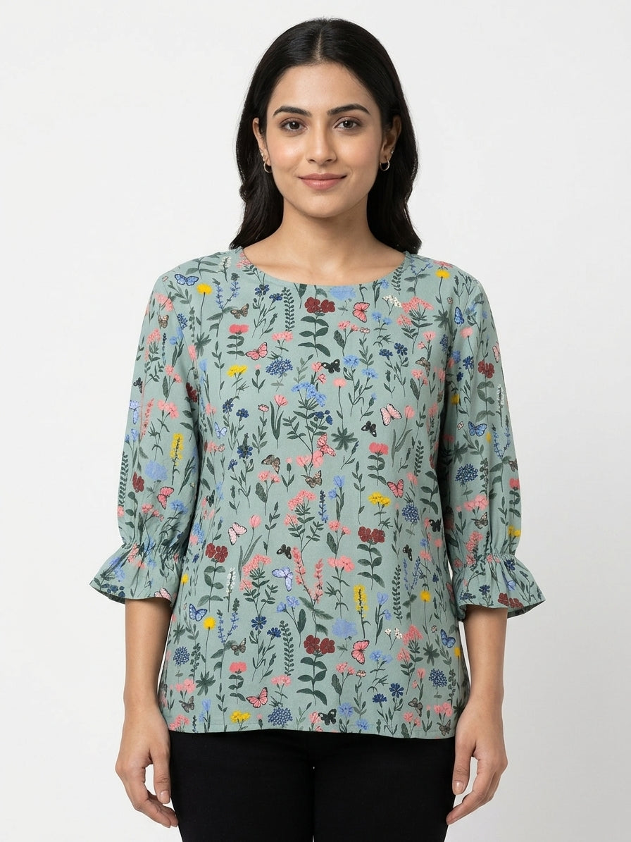 Sea Green Floral Printed Regular Fit Top
