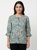Sea Green Floral Printed Regular Fit Top