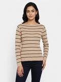 Beige Striped Knit Long Sleeve Sweater