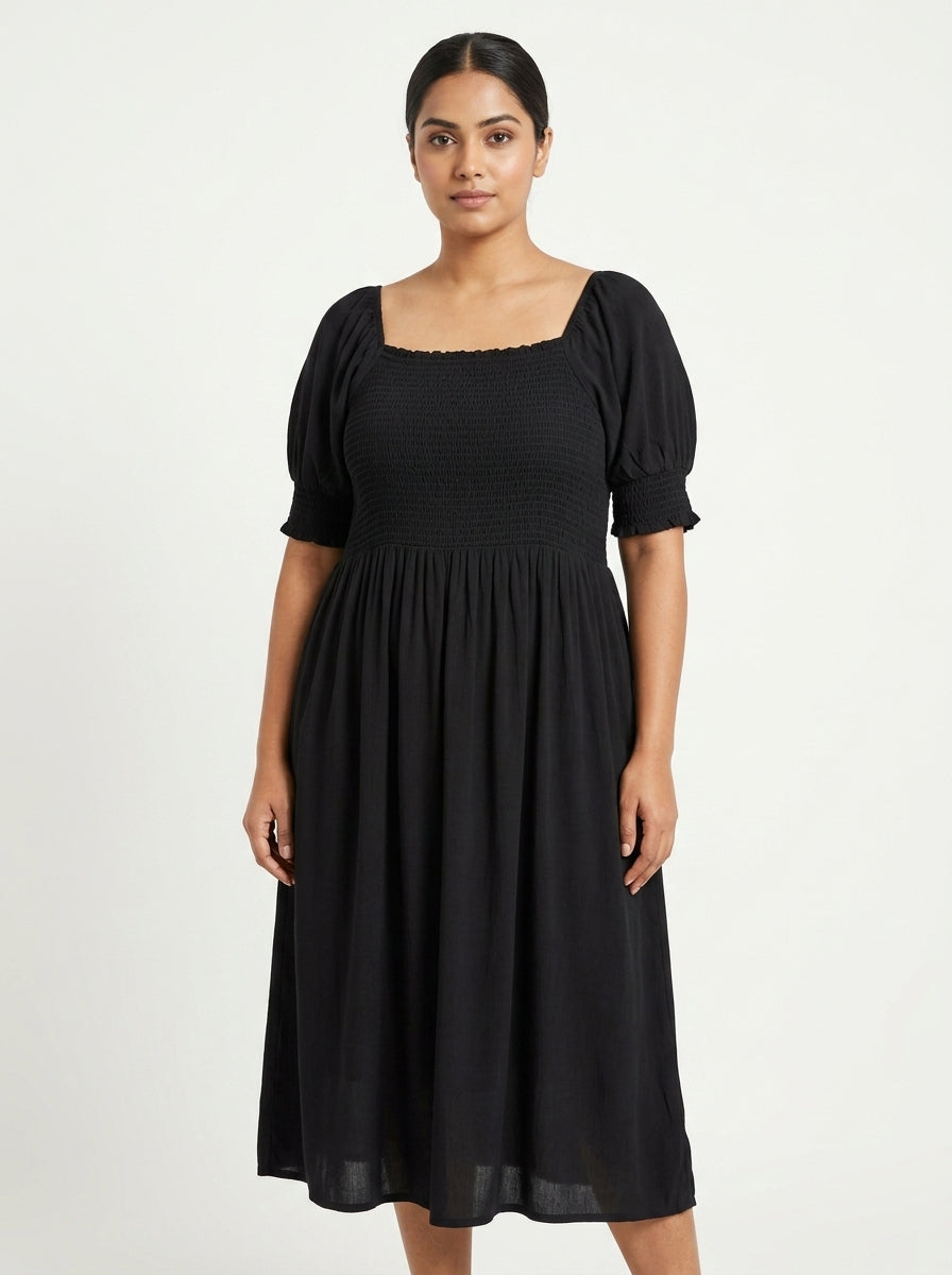 Women's Black Smocked Square Neck Puff Sleeve Midi Dress