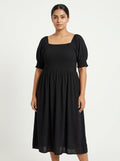 Women's Black Smocked Square Neck Puff Sleeve Midi Dress