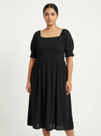 Women's Black Smocked Square Neck Puff Sleeve Midi Dress