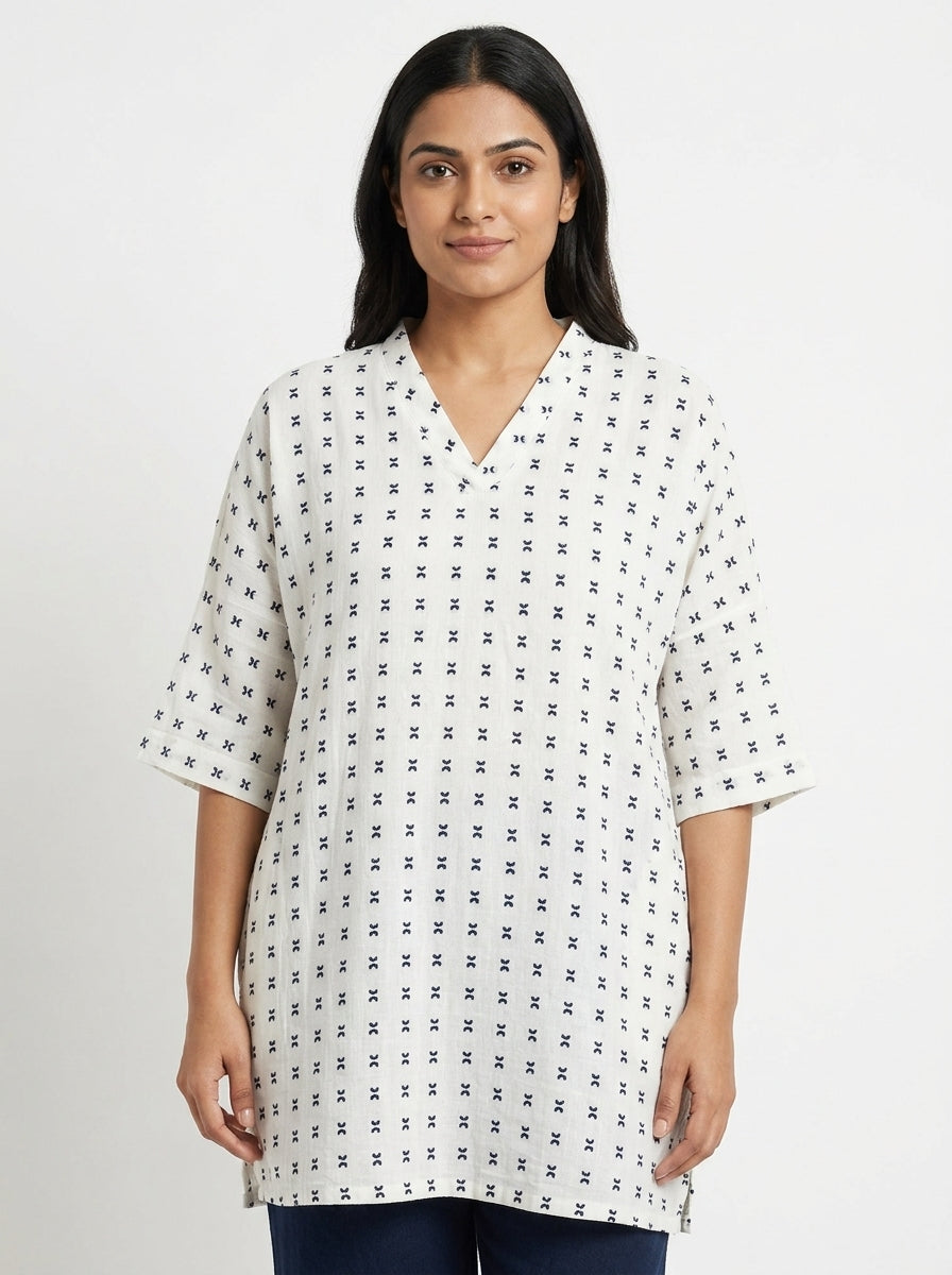White Printed Relaxed Fit Tunic Top