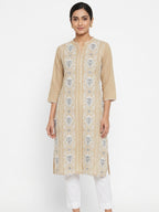 Beige Printed Cotton Straight Kurti