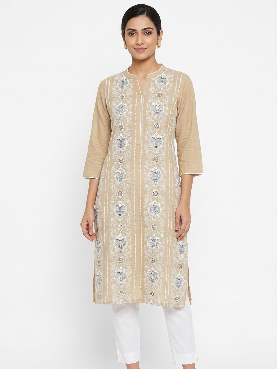 Beige Printed Cotton Straight Kurti